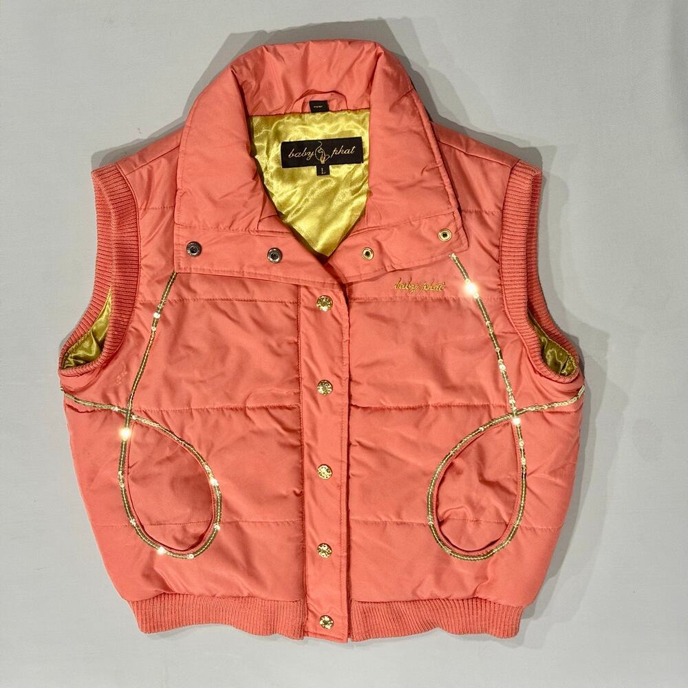 Vintage Y2K Baby Phat Pink Puffer Vest Sequin Cat Logo Gold Trim Size L